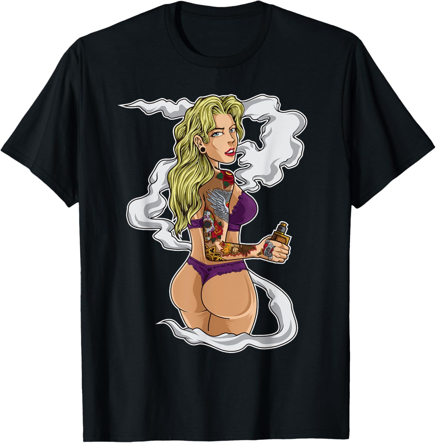 Vaping Shop - Dövmeli Vaping Kız Grafikli Tişört E-Sigara